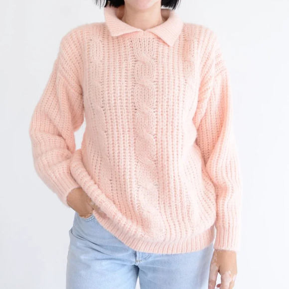 Vintage Tarazzia Light Pink Chunky Cable Knit Collared Pullover Sweater M - Picture 1 of 10